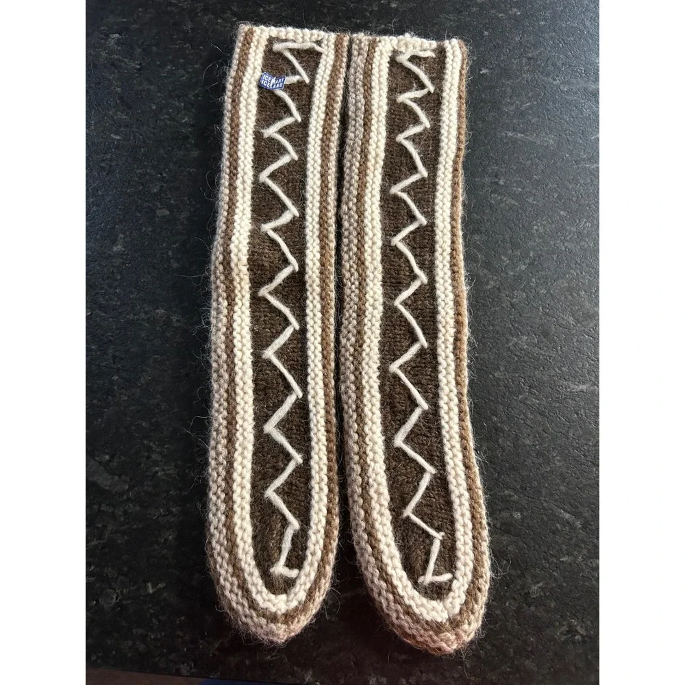 Icemart Iceland Wool Socks Hand Knit Brown Cream Zigzag Knee High Heavy Chunky